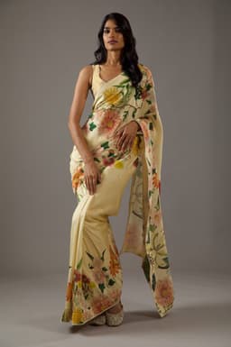 Pastel Yellow Floral Designer Saree