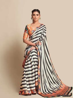 Black & Ivory Striped Designer Saree