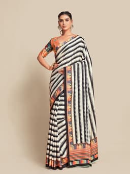 Black & Ivory Striped Designer Saree