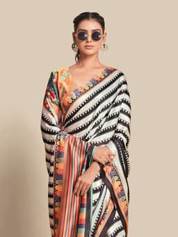 Black & Ivory Striped Designer Saree
