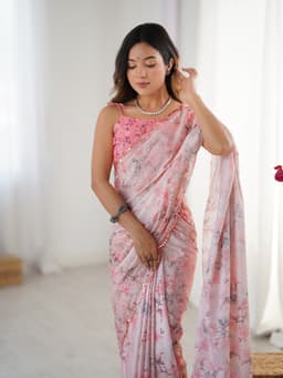 Blush Pink Floral Chinon Designer Saree