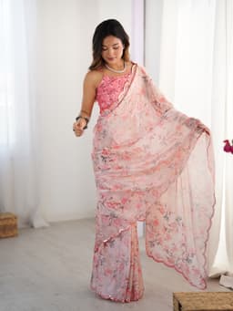 Blush Pink Floral Chinon Designer Saree
