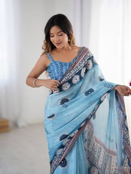 Sky Blue Ethnic Print Saree