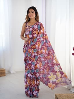 Wine Floral Designer Chinon Saree