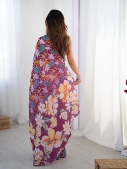 Wine Floral Designer Chinon Saree