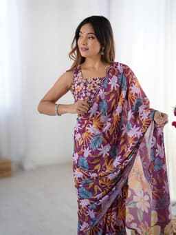 Wine Floral Designer Chinon Saree