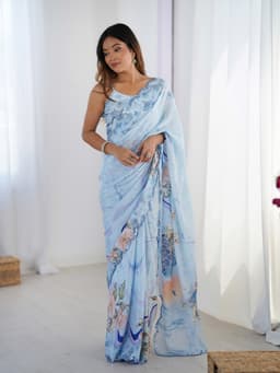 Powder Blue Chinon Printed Saree