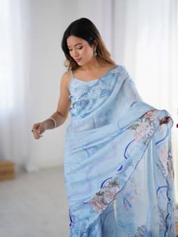 Powder Blue Chinon Printed Saree