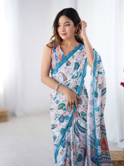Ivory Paisley Designer Chinon Saree