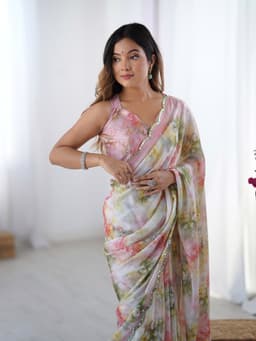 Pastel Floral Designer Chinon Saree