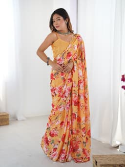 Mustard Yellow Floral Chinon Saree