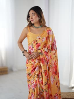 Mustard Yellow Floral Chinon Saree