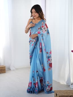 Dusty Blue Floral Chinon Saree