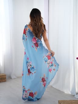 Dusty Blue Floral Chinon Saree