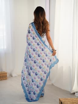 Soft Blue Floral Chinon Saree