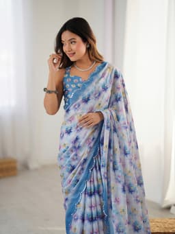 Soft Blue Floral Chinon Saree