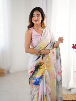 Ivory Abstract Floral Chinon Saree