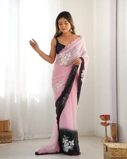 Pink Black Georgette Embroidered Saree