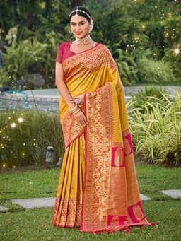 Gold Banarasi Silk Saree With Contrast Border