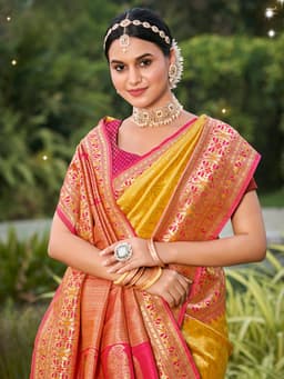 Gold Banarasi Silk Saree With Contrast Border