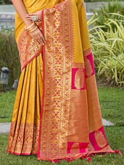 Gold Banarasi Silk Saree With Contrast Border