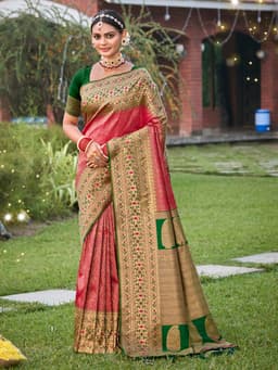 Red Banarasi Silk Saree With Green Contrast Border
