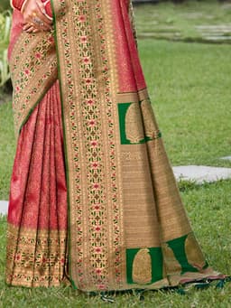 Red Banarasi Silk Saree With Green Contrast Border