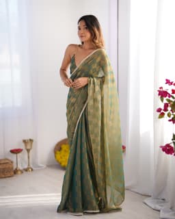 Olive Green Checkered Chiffon Saree