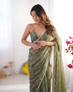 Olive Green Checkered Chiffon Saree
