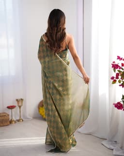 Olive Green Checkered Chiffon Saree