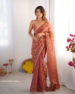Rust Orange Chiffon Checks Designer Saree With Lace