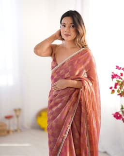 Rust Orange Chiffon Checks Designer Saree With Lace