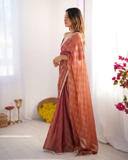 Rust Orange Chiffon Checks Designer Saree With Lace