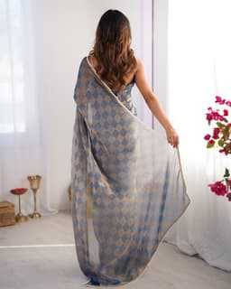 Steel Blue Chiffon Checks Designer Saree With Lace