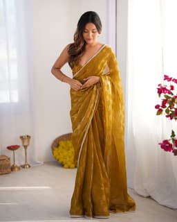 Mustard Checkered Chiffon Saree