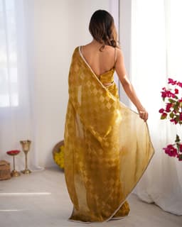 Mustard Checkered Chiffon Saree