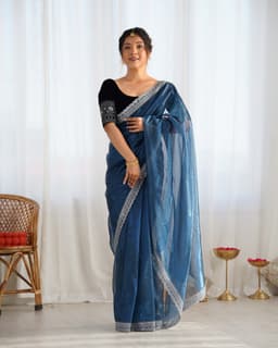 Steel Blue Designer Saree With Embellished Border