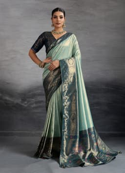 Mint Green Kanjivaram Soft Silk Saree With Meenakari Work