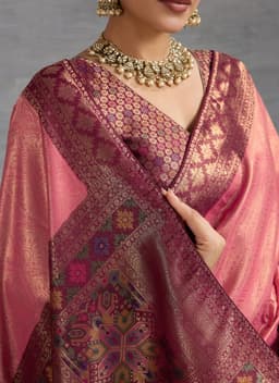 Coral Pink Kanjivaram Soft Silk Saree With Meenakari