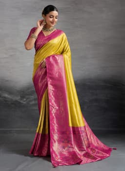 Mustard Yellow Kanjivaram Soft Silk Saree With Meenakari