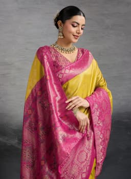 Mustard Yellow Kanjivaram Soft Silk Saree With Meenakari