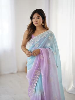 Pastel Blue Lavender Crunchy Silk Saree With Embroidery
