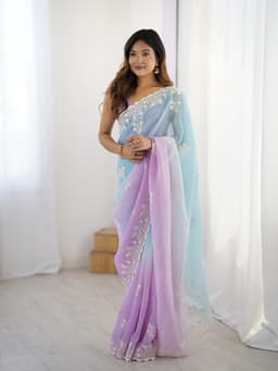 Pastel Blue Lavender Crunchy Silk Saree With Embroidery