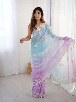 Pastel Blue Lavender Crunchy Silk Saree With Embroidery