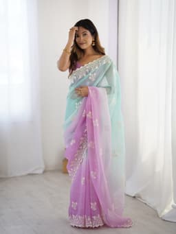 Pastel Mint Pink Ombre Crunchy Silk Saree With Embroidery