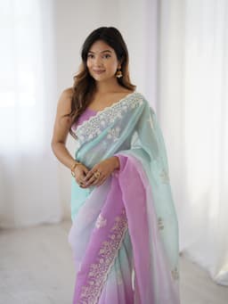 Pastel Mint Pink Ombre Crunchy Silk Saree With Embroidery