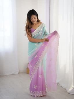 Pastel Mint Pink Ombre Crunchy Silk Saree With Embroidery