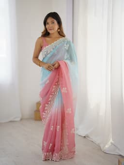 Pastel Blue Pink Ombre Crunchy Silk Saree With Embroidery