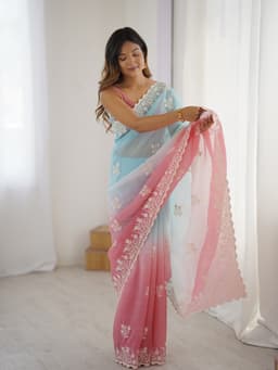 Pastel Blue Pink Ombre Crunchy Silk Saree With Embroidery