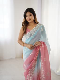Pastel Blue Pink Ombre Crunchy Silk Saree With Embroidery